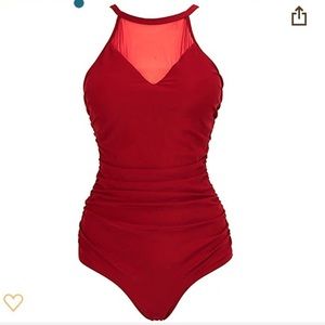 Vintage Ruched One Piece Swimsuit Mesh V Neck